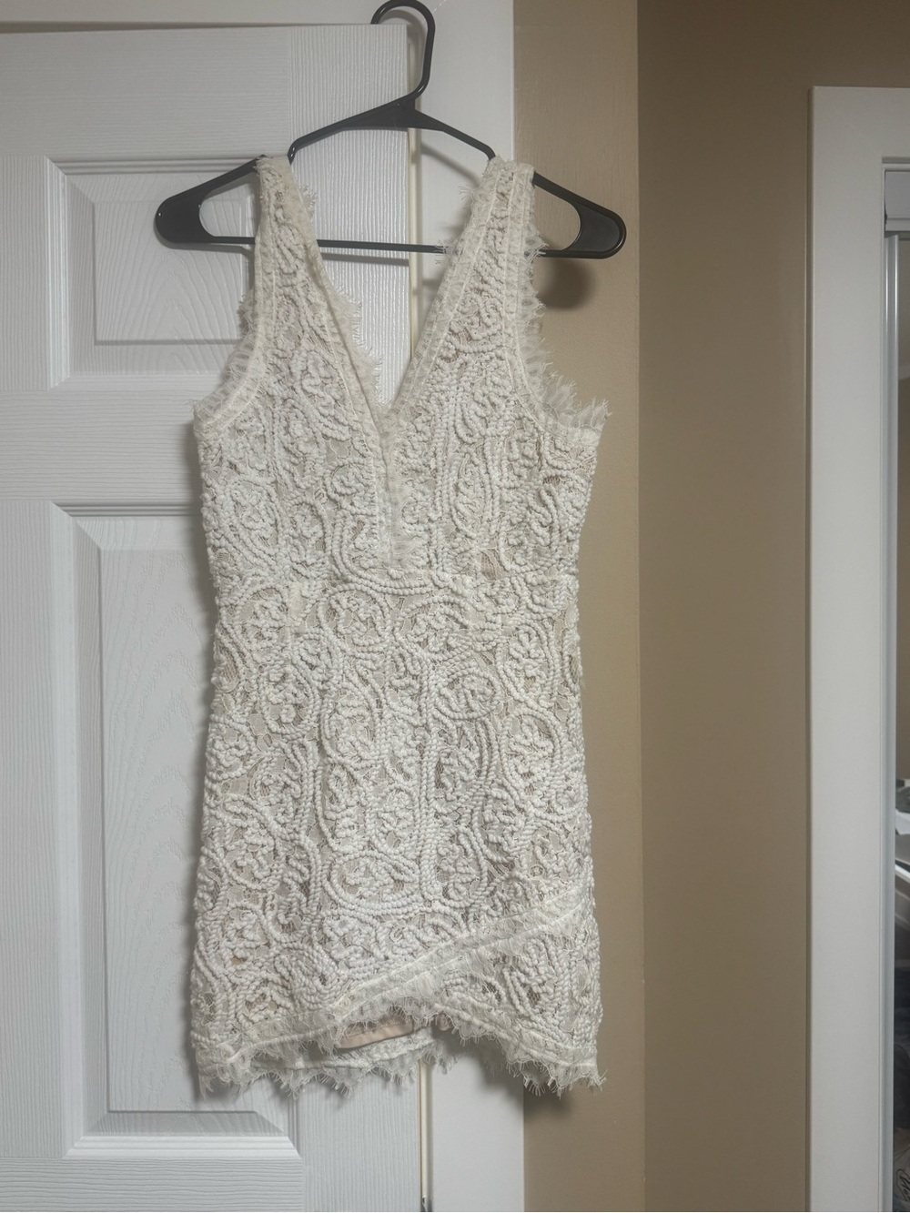 AKIRA Ivory Textured V-Neck Fringe Mini Dress